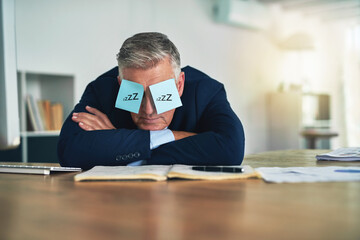 Sleeping, sticky notes and eyes of businessman with tired, burnout and fatigue of a mature...