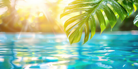 Green exotic Tropical Leaves on Water Background, copy space. Natural composition banner template.
