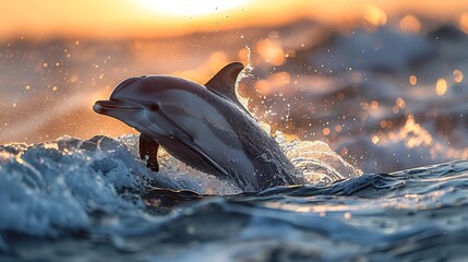 A graceful dolphin, leaping joyfully above the waves, captured against a serene blue background