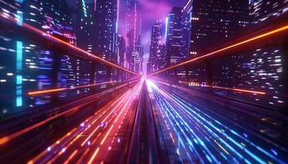 Fototapeta premium A cityscape with neon lights and a train running through it by AI generated image