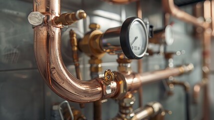 Plumbing concept showcasing a copper pipeline of a heating system in a technical room, with detailed views of a boiler and an expansion tank, including a pressure gauge