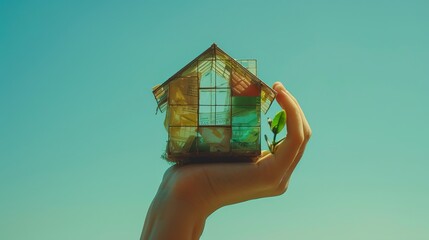 Naklejka premium Realistic portrayal of a hand gently holding a green house model made of recycled materials, set against a clear blue sky