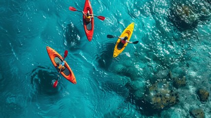 A group of individuals in kayaks paddling through the ocean waters on a sunny day.