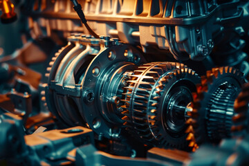 Macro shot of a car's transmission system being assembled, gears and bearings highlighted 