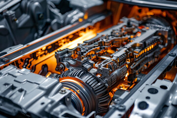 Macro shot of a car's transmission system being assembled, gears and bearings highlighted 