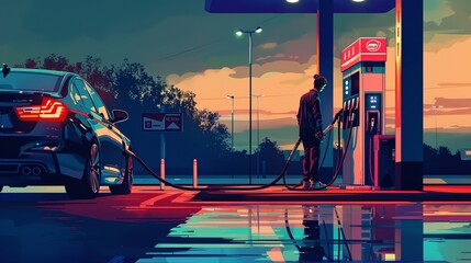 Scene of a man refueling his car at a gas station, depicting the act of pumping gasoline into a vehicle