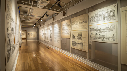 Fototapeta premium Architectural Drawings Exhibition in a Modern Art Gallery 