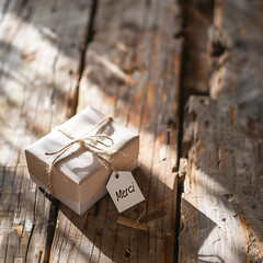 Rustic 'Merci' Gift Box on Wooden Surface
