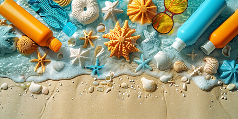 Detailed beach setup with various sunscreen bottles, starfish, and seashells, ideal for summer safety and beach lifestyle themes.