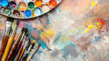 Fototapeta premium Colorful Artist's Palette with Brushes and Mixed Paint 