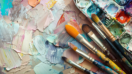 Fototapeta premium Vibrant Artist's Palette with Colorful Paints and Brushes 