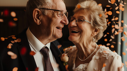 Elderly couple laughing together during a festive celebration