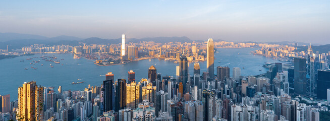 Hong Kong city view from The Peak at daytime. Banner panorama background