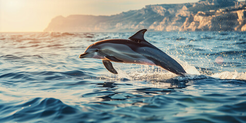 Dolphin leaping from ocean against sunset with coastal cliffs in background
