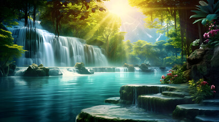 Waterfall on the Mountain Stream located in Misty Forest, Enchanting Waterfall 