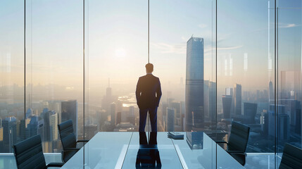 Silhouette of businessman gazing out at city skyline at sunset from office - Powered by Adobe