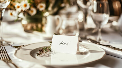 Elegant wedding place setting with 'Merci' card and floral decorations