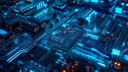 A close up of a computer circuit board with blue glowing lights.
