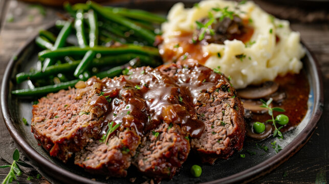 Delicious homemade meatloaf served with creamy mashed potatoes, green beans, and rich gravy on a rustic wooden table setting