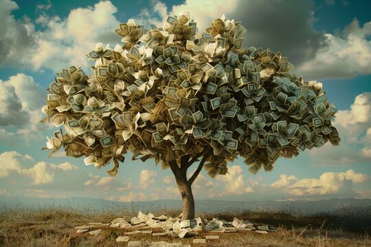 Artistic representation of a tree with leaves made of dollar bills, symbolizing wealth and growth