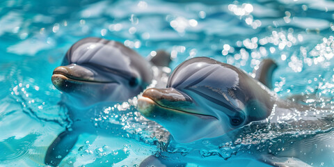 Pair of Dolphins Peeking Out of Sparkling Blue Water