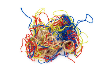 Tangled colorful jute ropes isolated on white background