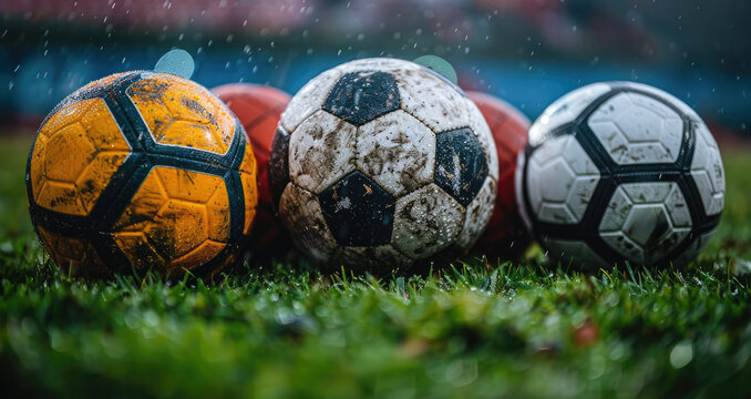 Group of Soccer Balls on Lush Green Field
