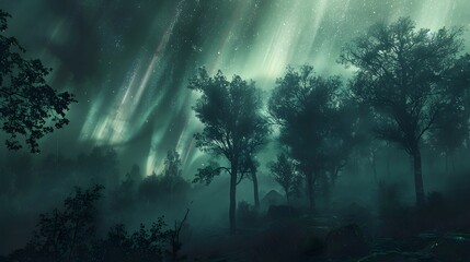 An otherworldly forest with glowing trees and surreal landscapes under a sky of dynamic auroras,...