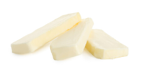 Slices of tasty butter isolated on white