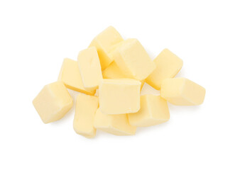 Pile of tasty butter cubes isolated on white, top view