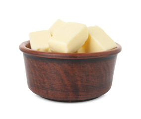 Tasty butter cubes in bowl isolated on white