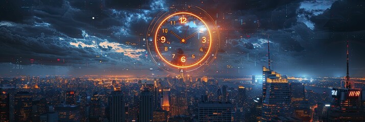 The digital clock, in a futuristic countdown, illuminates the vibrant cityscape as it heralds the arrival of a new technological era. - obrazy, fototapety, plakaty