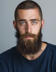 Obraz premium ID Photo for Passport : European young adult man with straight short black hair and blue eyes, long beard, without glasses and wearing a navy t-shirt