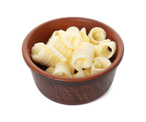 Tasty butter curls in bowl isolated on white