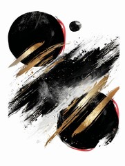 A painting featuring abstract shapes in black and gold, contrasted against a white background
