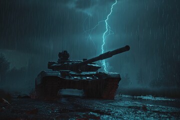 Military tank in the rain with a striking lightning bolt in the background. Suitable for military and weather-related themes