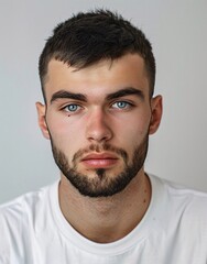 Obraz premium ID Photo for Passport : European young adult man with straight short black hair and blue eyes, medium beard, without glasses and wearing a white t-shirt
