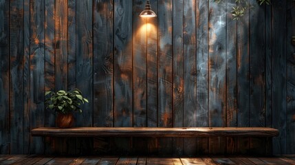 Wooden Room With Bench and Lamp