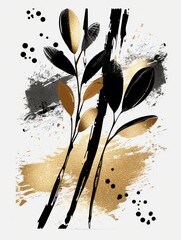 A painting featuring intricate black and gold flowers on a crisp white background