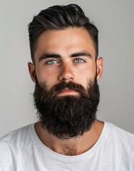 Obraz premium ID Photo for Passport : European young adult man with straight short black hair and blue eyes, long beard, without glasses and wearing a white t-shirt