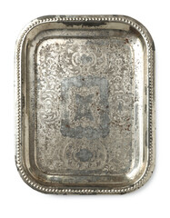 vintage silver tray with decorative floral engravings isolated over transparency, textured...