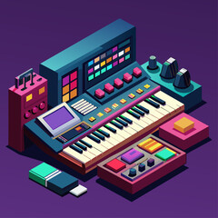 Digital music production. Electronic synthesizer and mixing console. Audio technology concept. Low poly vector illustration with 3D effect on studio background.