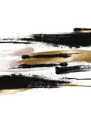 Abstract painting featuring bold black and gold brush strokes on a clean white canvas