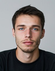 Obraz premium ID Photo for Passport : European young adult man with straight short black hair and blue eyes, stubble, without glasses and wearing a black t-shirt