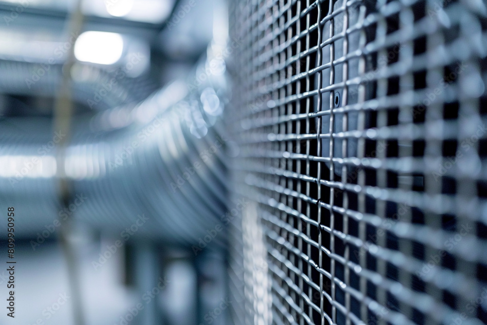 Wall mural macro shot of a filter being installed in a ventilation system, focusing on the mesh and airflow