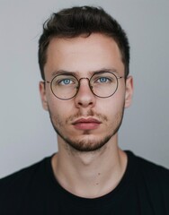 ID Photo for Passport : European young adult man with straight short black hair and blue eyes, short beard, with glasses and wearing a black t-shirt