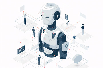 Isometric illustration of a robot among people, showcasing the incorporation of ai in daily life tasks