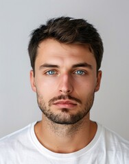 ID Photo for Passport : European young adult man with straight short black hair and blue eyes, medium beard, without glasses and wearing a white t-shirt