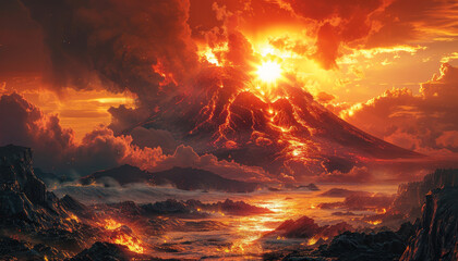 A fiery volcano is spewing lava into the sky, surrounded by a desolate landscape by AI generated image