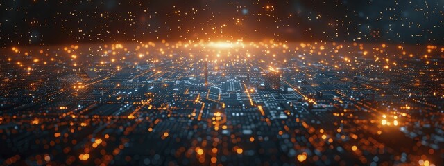 Overhead view of a tech brainstorming session with digital devices and abstract concepts on display.